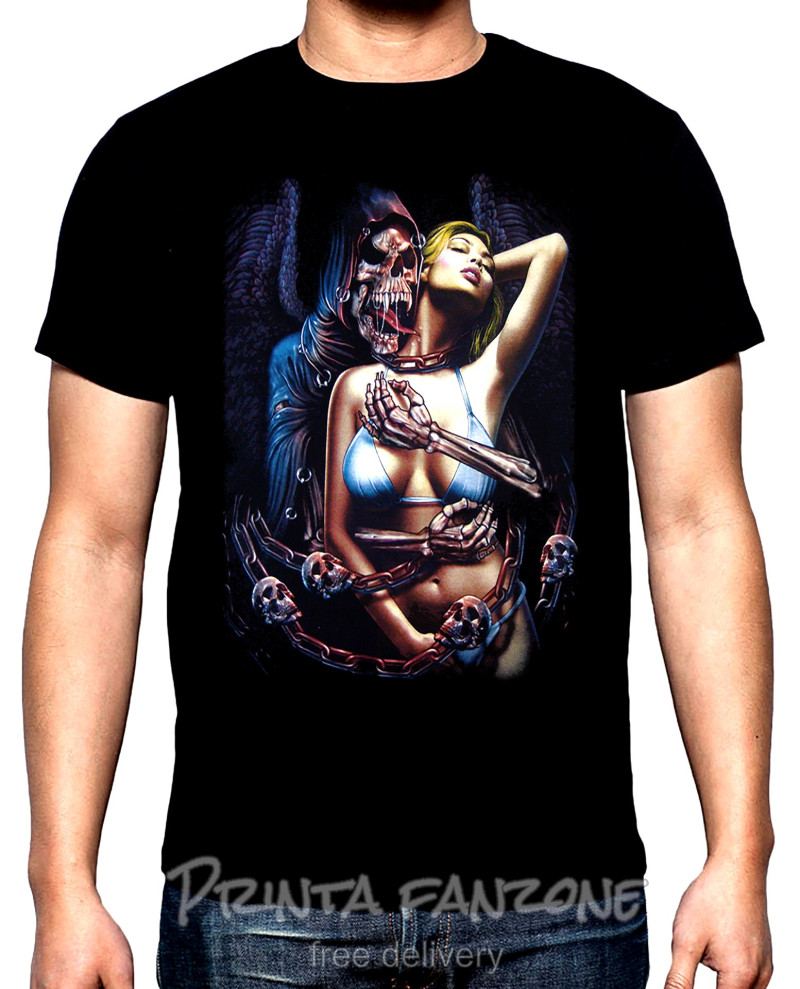 T-SHIRTS Skelleton with a sexy girl, men's  t-shirt, 100% cotton, S to 5XL
